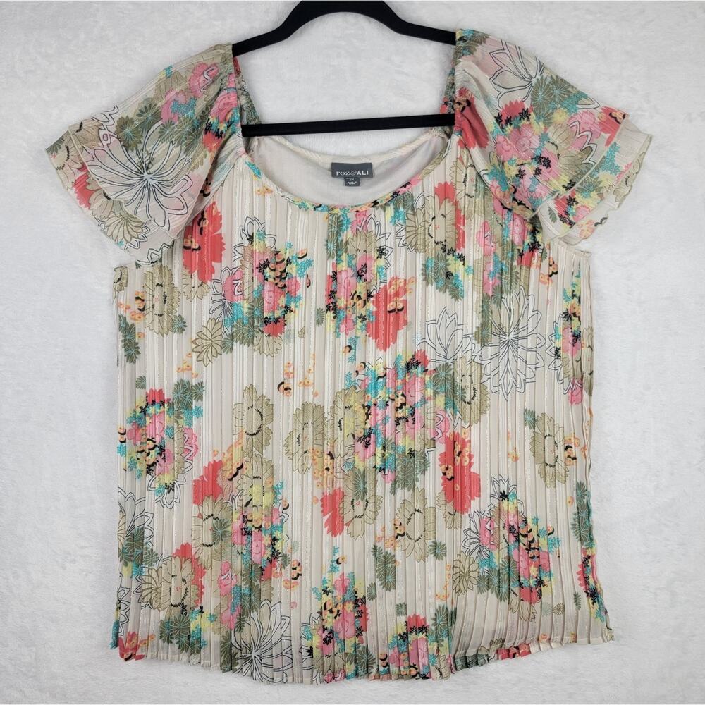 Fairycore Whimsical Top 1X Pleated Metallic Short Sleeve Beige Floral Blouse